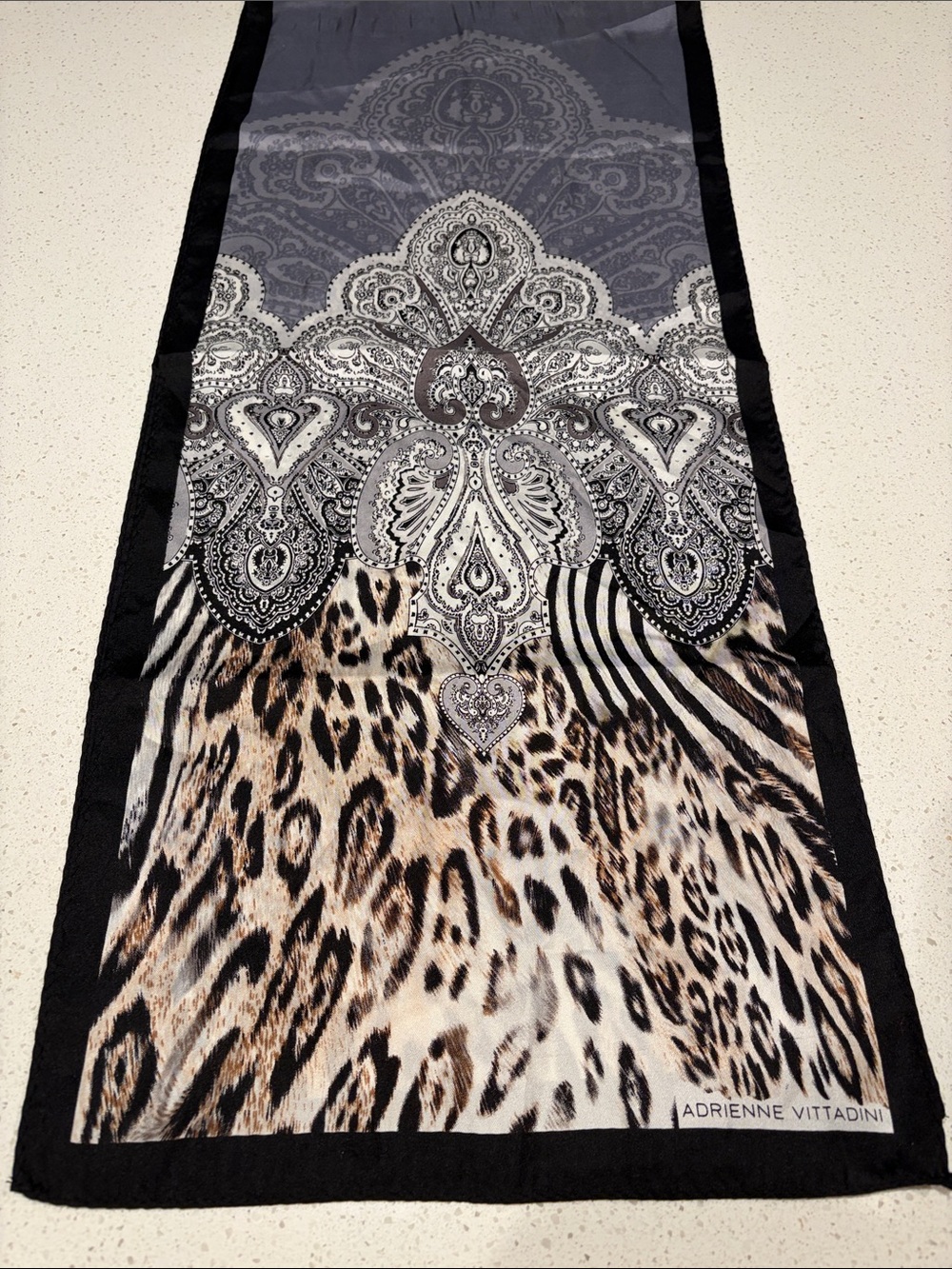 Adrienne Vittadini - luxurious Silk Scarf in Black, Silver, Gray and Brown.